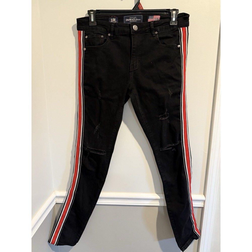 Damati Jeans Black Denim Skinny Stretch Distressed Size 32 Side Red Strips Women